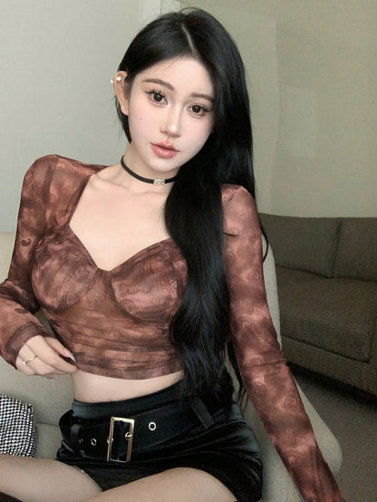 DAZY Top Corto De Manga Larga Con Cuello En Forma De Corazón