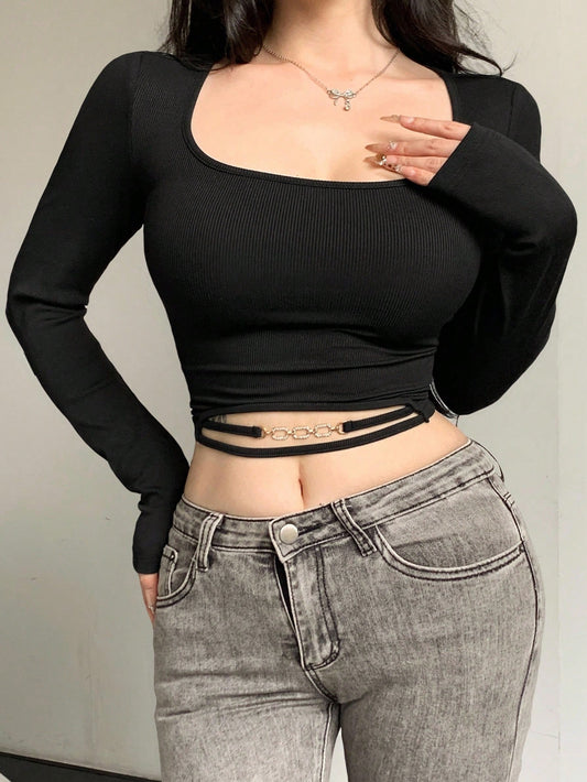 DAZY Top ajustado de manga larga con cuello cuadrado, cordón y decoración de strass para mujeres, sexy, para primavera/verano/otoño