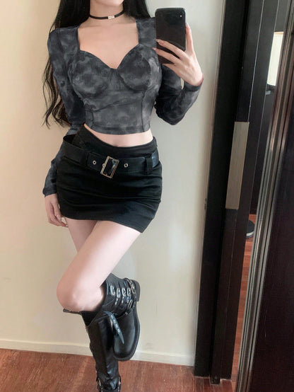 DAZY Top corto con cuello de strass y estampado retro de teñido anudado, nueva manga larga para mujer para Año Nuevo