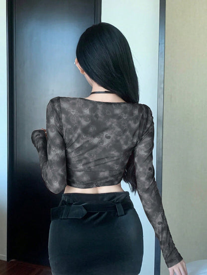 DAZY Top corto con cuello de strass y estampado retro de teñido anudado, nueva manga larga para mujer para Año Nuevo