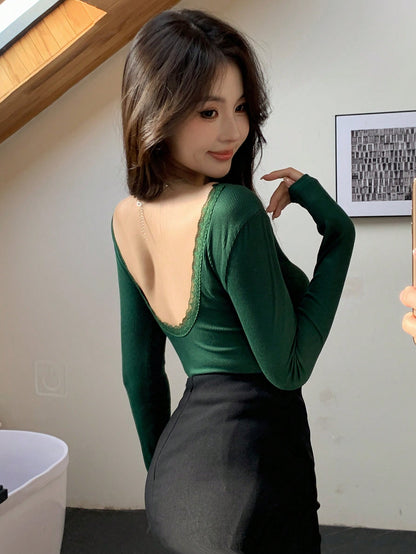 DAZY Top de mujer de ajuste ceñido con contraste de encaje sin espalda, de moda, para el otoño