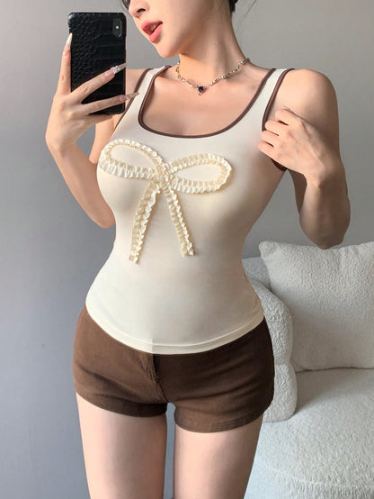 DAZY Top tipo tank con cuello cuadrado, lazos y patchwork, de corte slim, para primavera y verano