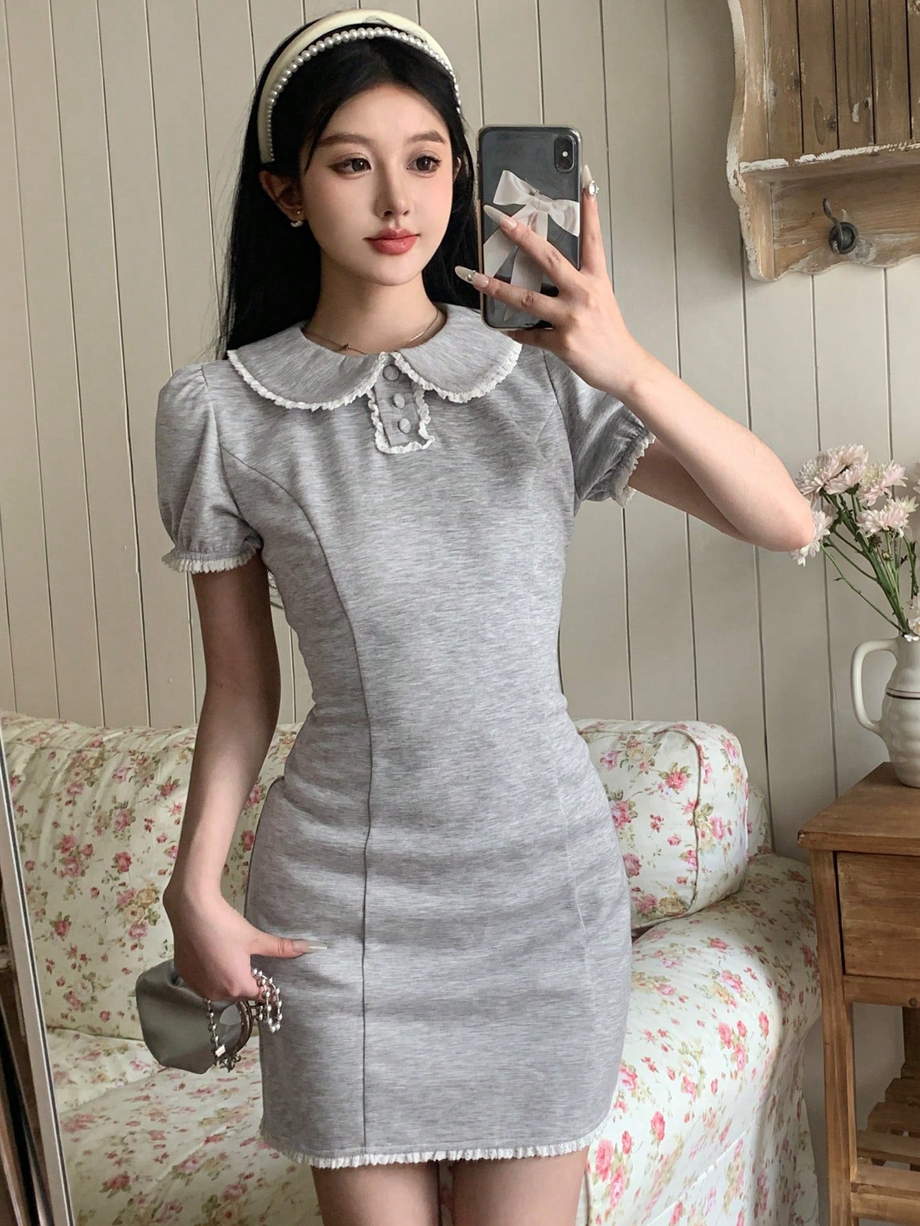 DAZY Vestido corto de estilo campestre con cuello Peter Pan y borde contrastante, vestido mini
