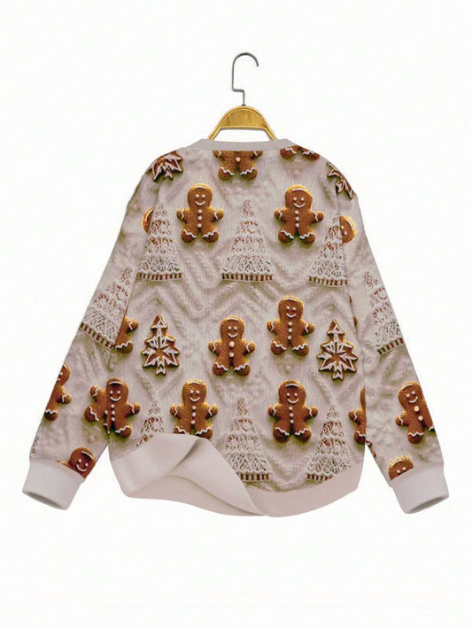 EMERY ROSE Suéter de mujer con estampado navideño 3D con motivos de personas lindas y copos de nieve, cuello redondo casual de manga larga, cómodo para fiestas de invierno y reuniones familiares, perfecto para Navidad