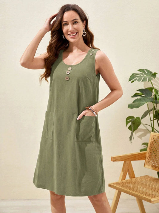 EMERY ROSE Vestido unicolor con botón delantero con doble bolsillo