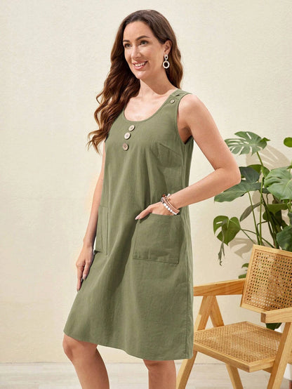 EMERY ROSE Vestido unicolor con botón delantero con doble bolsillo