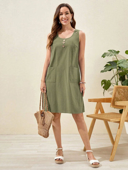 EMERY ROSE Vestido unicolor con botón delantero con doble bolsillo