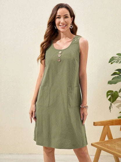 EMERY ROSE Vestido unicolor con botón delantero con doble bolsillo