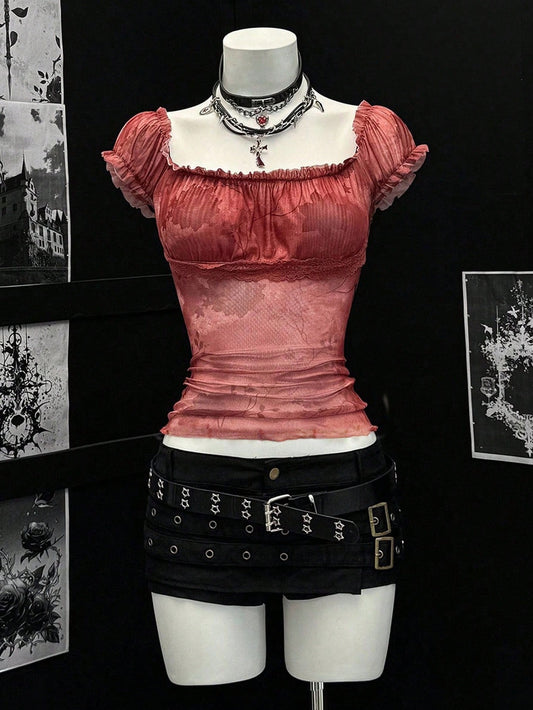 EgrlEra Camiseta ajustada para mujer con cuello cuadrado, mangas abullonadas y empalme de malla reticular sexy