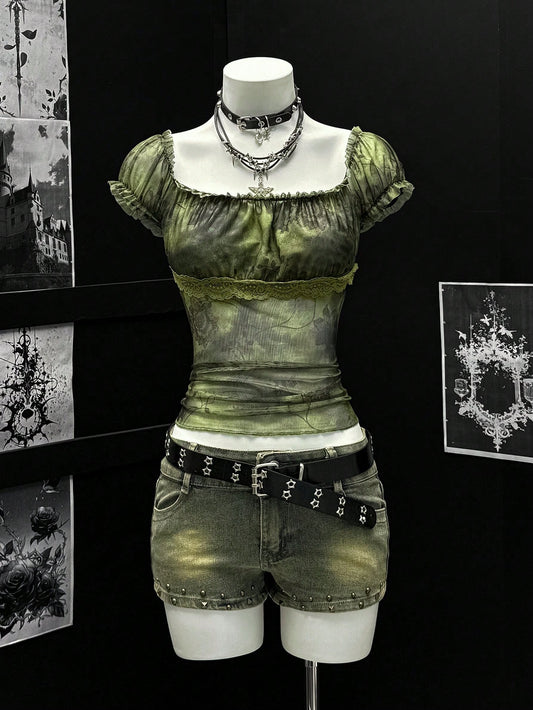 EgrlEra Camiseta de mujer de corte ceñido y estilo retro sexy con mangas abullonadas, escote cuadrado, ribete acanalado y panel de malla