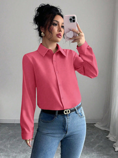 Elenzga Camisa casual de mujer de unicolor de manga larga y abotonadura sencilla