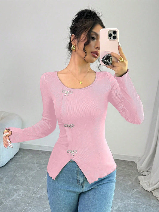 Elenzga Camiseta de manga larga minimalista con decoración de lazo para mujer, casual para uso diario en primavera