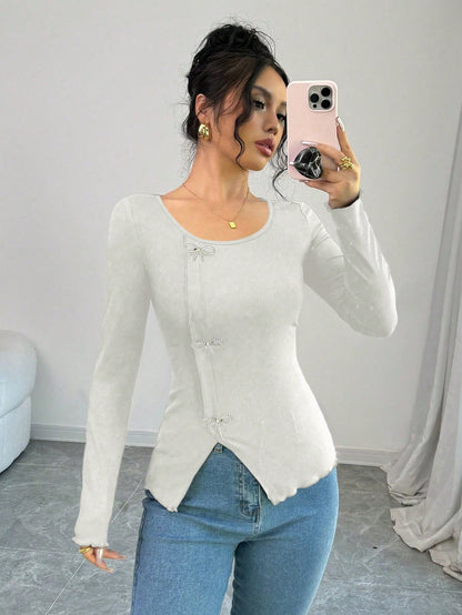 Elenzga Camiseta de mujer de manga larga con cuello redondo, ajustada y con detalle de moño