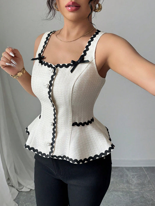 Elenzga Camiseta elegante de verano con ribete de cinta en contraste y decoración de lazo
