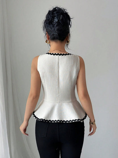 Elenzga Camiseta elegante de verano con ribete de cinta en contraste y decoración de lazo
