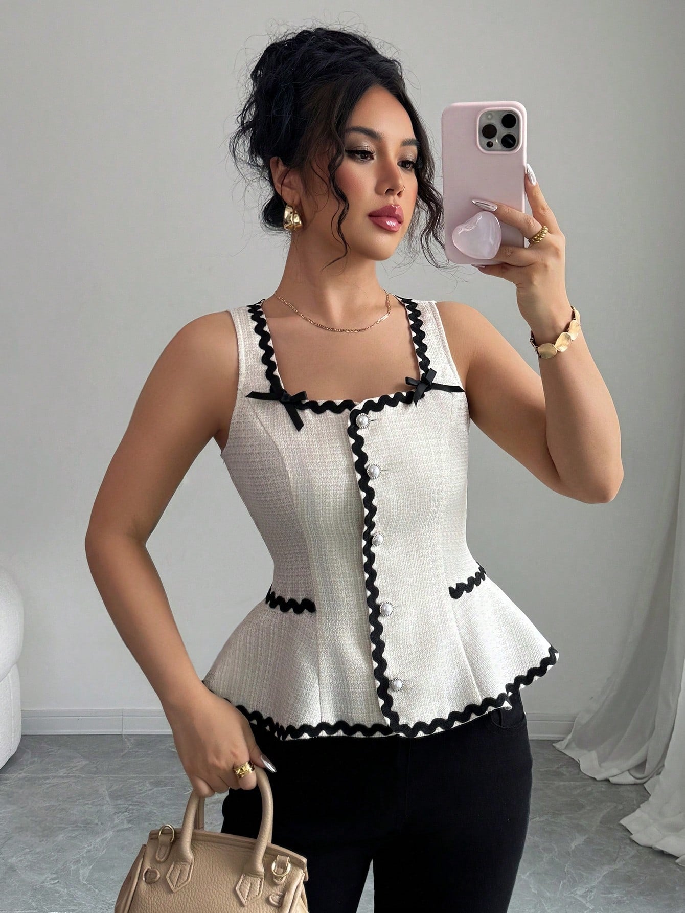 Elenzga Camiseta elegante de verano con ribete de cinta en contraste y decoración de lazo
