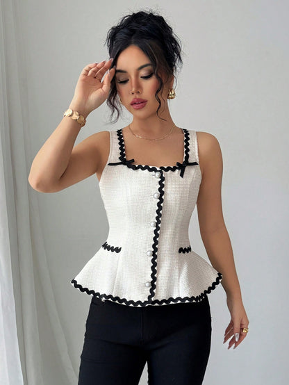 Elenzga Camiseta elegante de verano con ribete de cinta en contraste y decoración de lazo