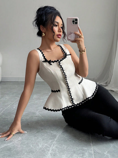 Elenzga Camiseta elegante de verano con ribete de cinta en contraste y decoración de lazo
