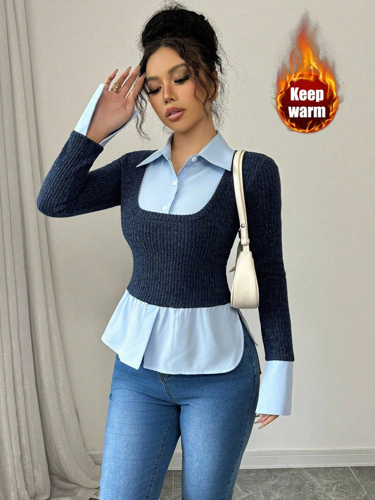 Elenzga Camiseta estilo francés de 2 en 1 con cuello y panel de contraste, nueva diseño de nicho para camisetas gráficas de mujer de primavera y otoño