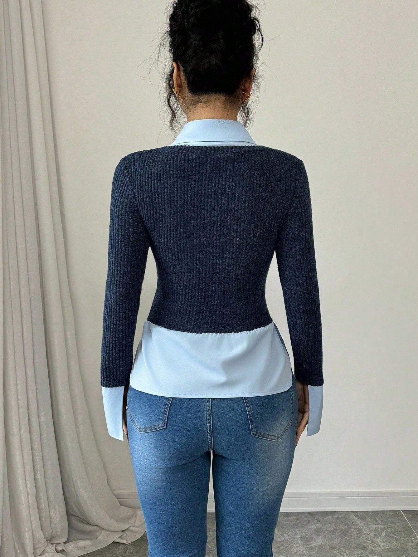 Elenzga Camiseta estilo francés de 2 en 1 con cuello y panel de contraste, nueva diseño de nicho para camisetas gráficas de mujer de primavera y otoño