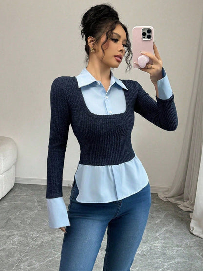 Elenzga Camiseta estilo francés de 2 en 1 con cuello y panel de contraste, nueva diseño de nicho para camisetas gráficas de mujer de primavera y otoño