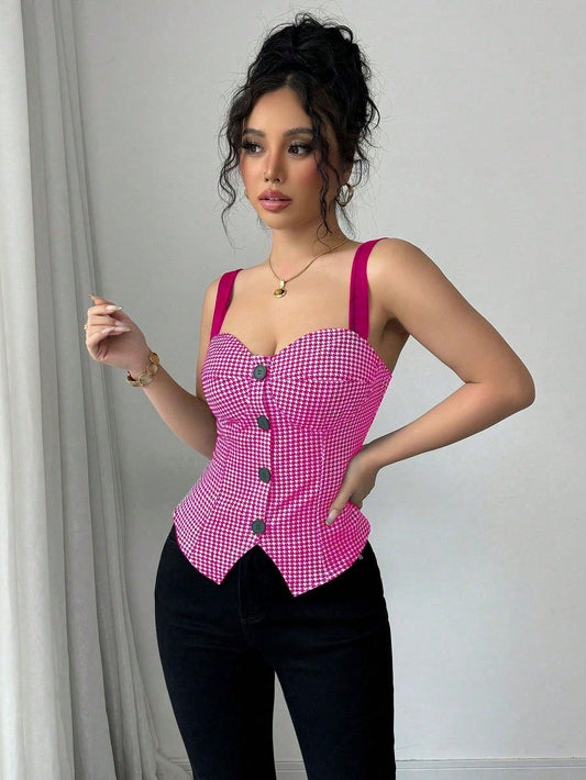 Elenzga Top de tirantes de mujer con ajuste slim, estampado de pata de gallo, diseño de un solo pecho, color rosa, versátil para uso diario