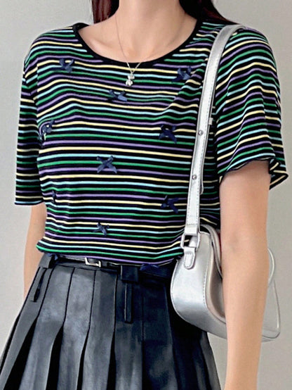 FRIFUL Camiseta de mujer de cuello redondo a rayas con lazo y parches ajustada