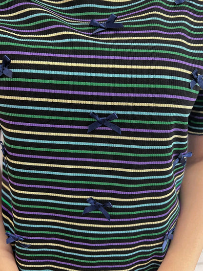 FRIFUL Camiseta de mujer de cuello redondo a rayas con lazo y parches ajustada
