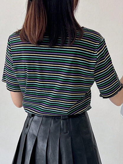FRIFUL Camiseta de mujer de cuello redondo a rayas con lazo y parches ajustada