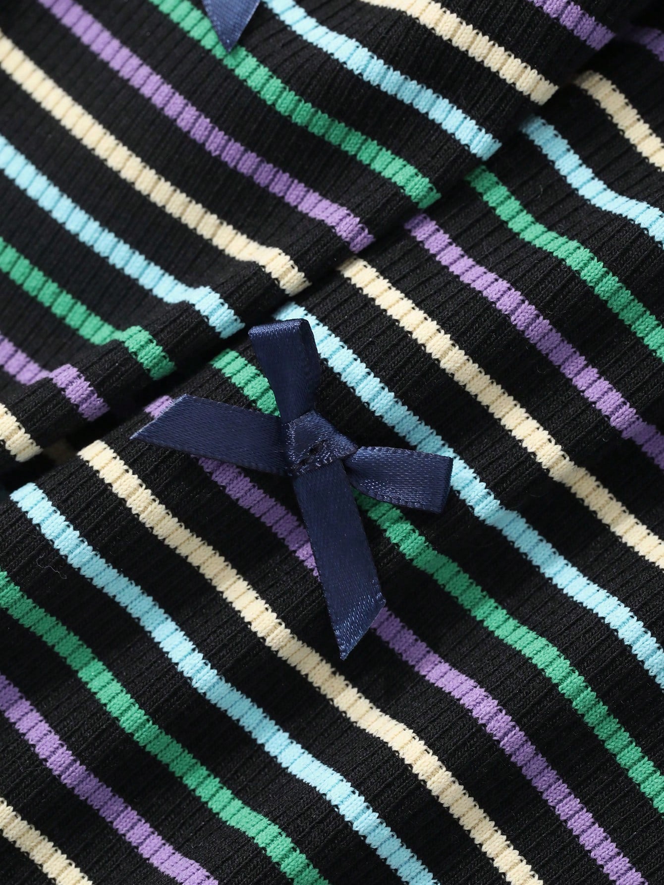 FRIFUL Camiseta de mujer de cuello redondo a rayas con lazo y parches ajustada
