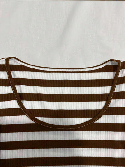 FavEase Blusa corta de cuello redondo y mangas raglán a rayas para mujer