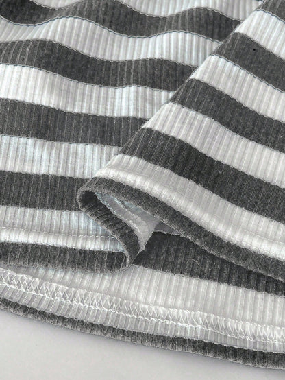 FavEase Blusa de manga larga, ajustada y corta con cuello redondo y rayas, para mujer, de otoño