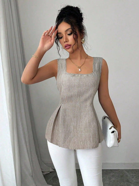 Firerie Blusa sin mangas de mujer de cuello cuadrado y cintura con cordón en color caqui, blusa de cuello cuadrado vintage, ropa de primavera y verano, para ir al trabajo, elegante