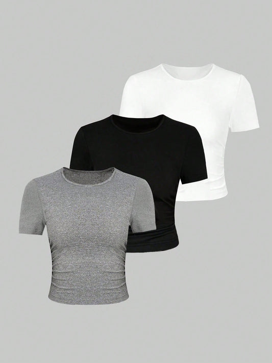 Flirla 3 Piezas/set Camiseta Corta De Color Sólido Con Cuello Redondo, Ajuste Delgado Y Plisada