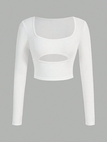 Flirla Camiseta De Manga Larga Para Mujer Con Cuello Cuadrado Y Huecos