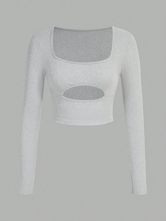 Flirla Camiseta De Manga Larga Para Mujer Con Cuello Cuadrado Y Huecos