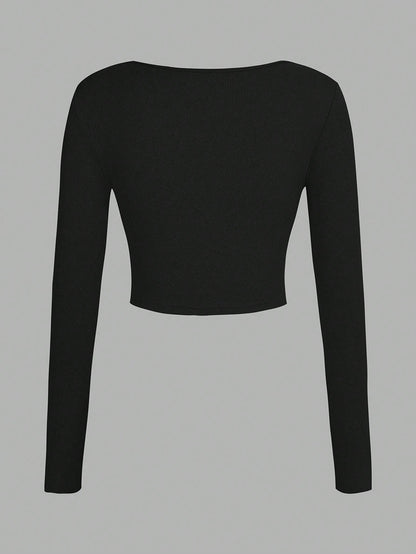 Flirla Camiseta De Manga Larga Para Mujer Con Cuello Cuadrado Y Huecos