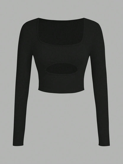 Flirla Camiseta De Manga Larga Para Mujer Con Cuello Cuadrado Y Huecos