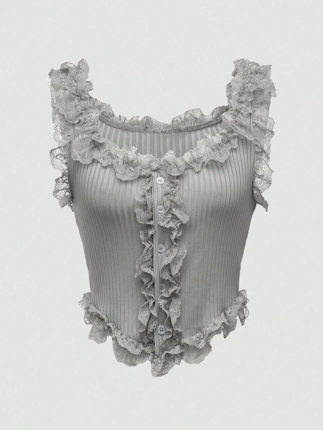 Flirla Camiseta de tirantes de mujer con bajo asimétrico de encaje blanco tejido elástico
