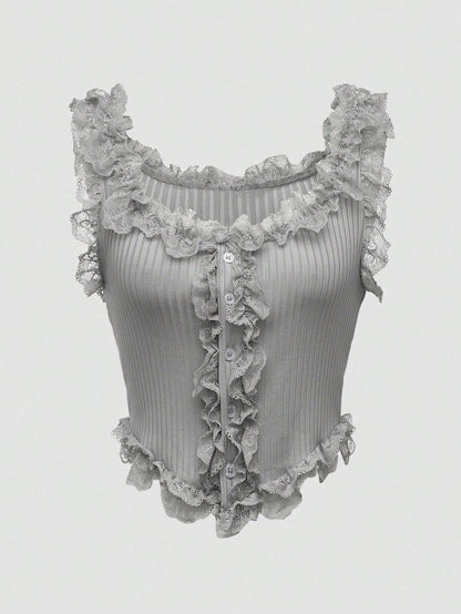 Flirla Camiseta de tirantes de mujer con bajo asimétrico de encaje blanco tejido elástico