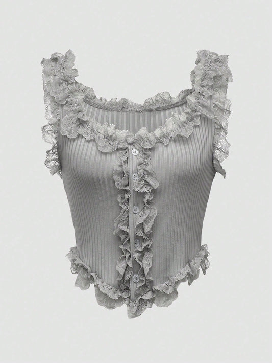 Flirla Camiseta de tirantes de mujer con bajo asimétrico de encaje blanco tejido elástico