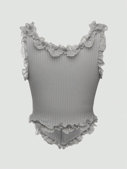 Flirla Camiseta de tirantes de mujer con bajo asimétrico de encaje blanco tejido elástico