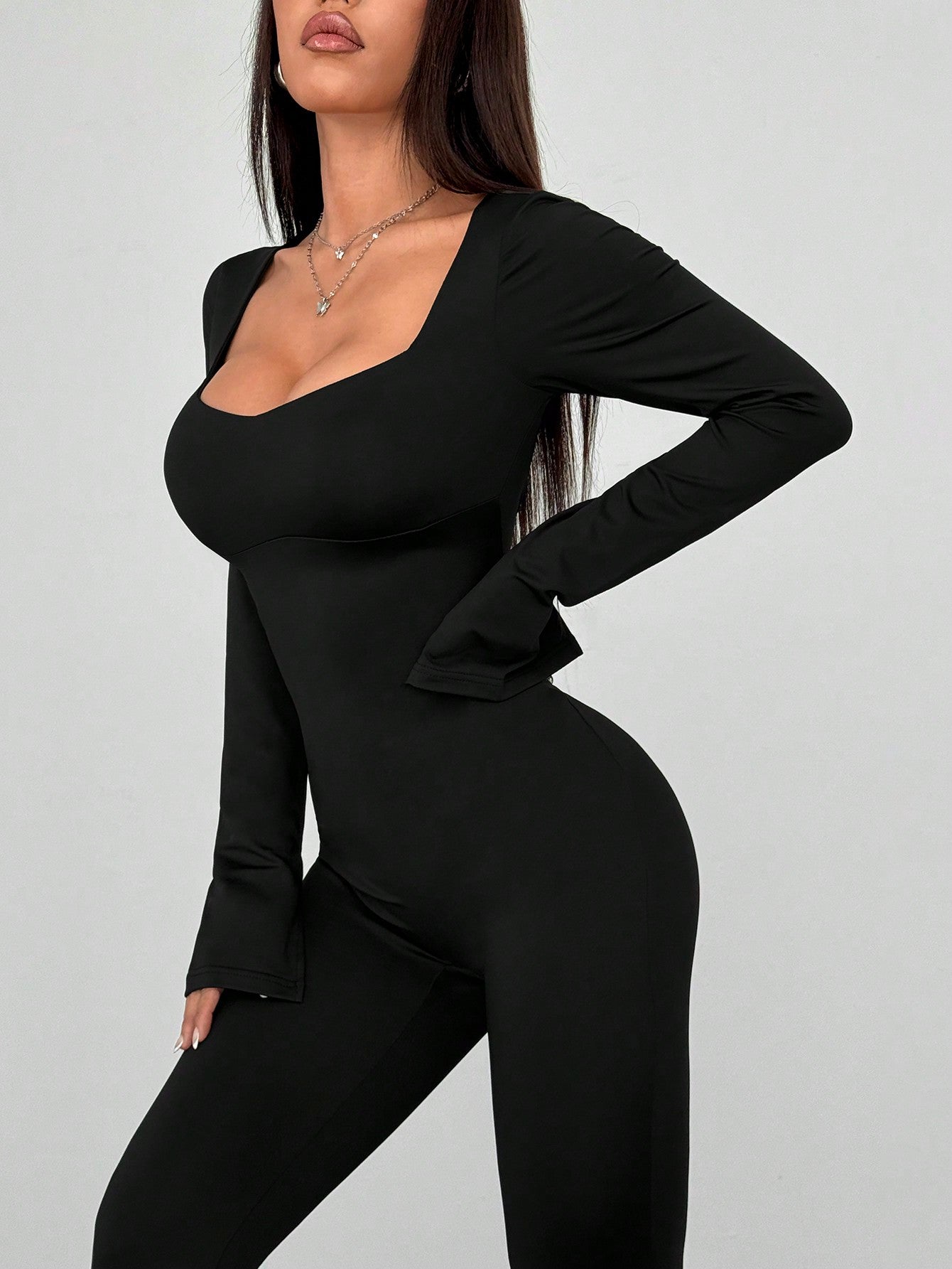 Flirla Mono con cuello cuadrado, manga larga y puños con abertura, ajustado, para mujer. Mono sexy y versátil, perfecto para actividades deportivas y ocio, otoño