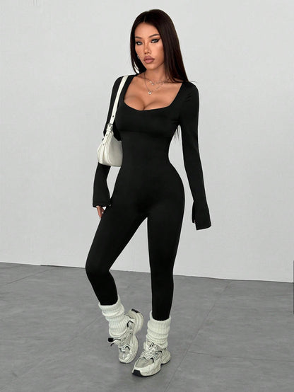 Flirla Mono con cuello cuadrado, manga larga y puños con abertura, ajustado, para mujer. Mono sexy y versátil, perfecto para actividades deportivas y ocio, otoño
