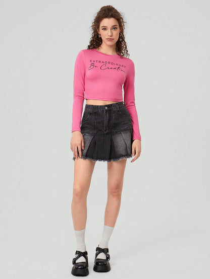 Forever 21 Camiseta De Manga Larga Corta Con Impresión De Letras Para Mujeres
