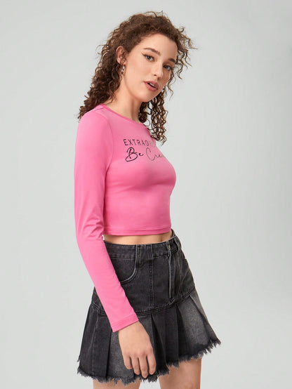 Forever 21 Camiseta De Manga Larga Corta Con Impresión De Letras Para Mujeres