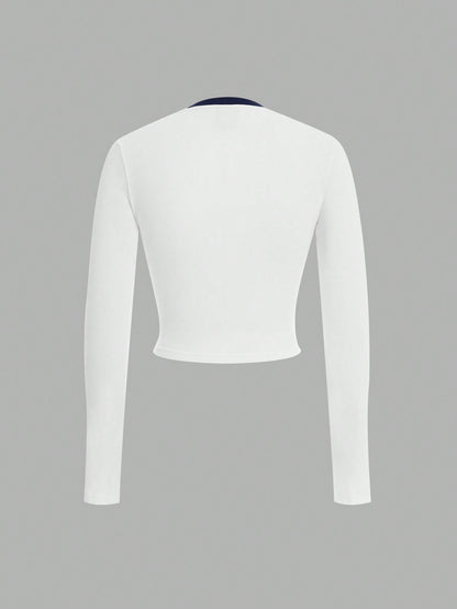 Forever 21 Camiseta ajustada a todo juego con cuello redondo, bloque de color, patrón bordado de cereza, nueva para otoño e invierno