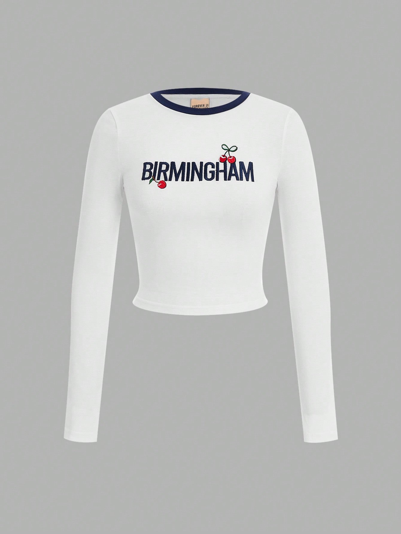 Forever 21 Camiseta ajustada a todo juego con cuello redondo, bloque de color, patrón bordado de cereza, nueva para otoño e invierno