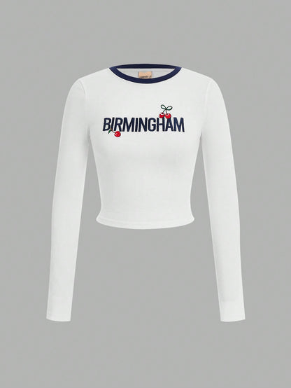 Forever 21 Camiseta ajustada a todo juego con cuello redondo, bloque de color, patrón bordado de cereza, nueva para otoño e invierno