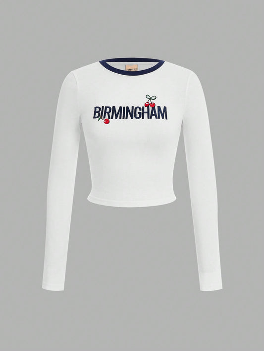 Forever 21 Camiseta ajustada a todo juego con cuello redondo, bloque de color, patrón bordado de cereza, nueva para otoño e invierno